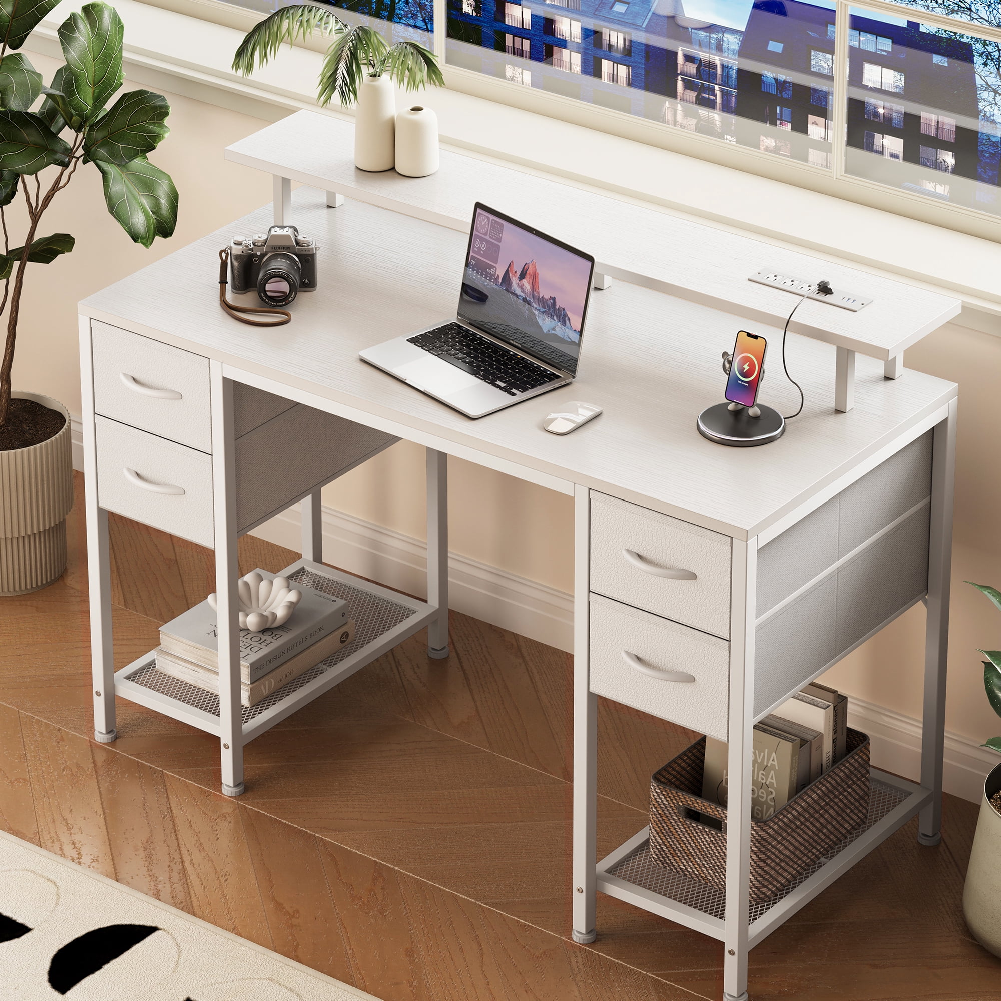 Amadwell 47" Gaming Computer Desk with LED Lights, Power Outlets, Home Office Writing Desk with 4 Drawers, White