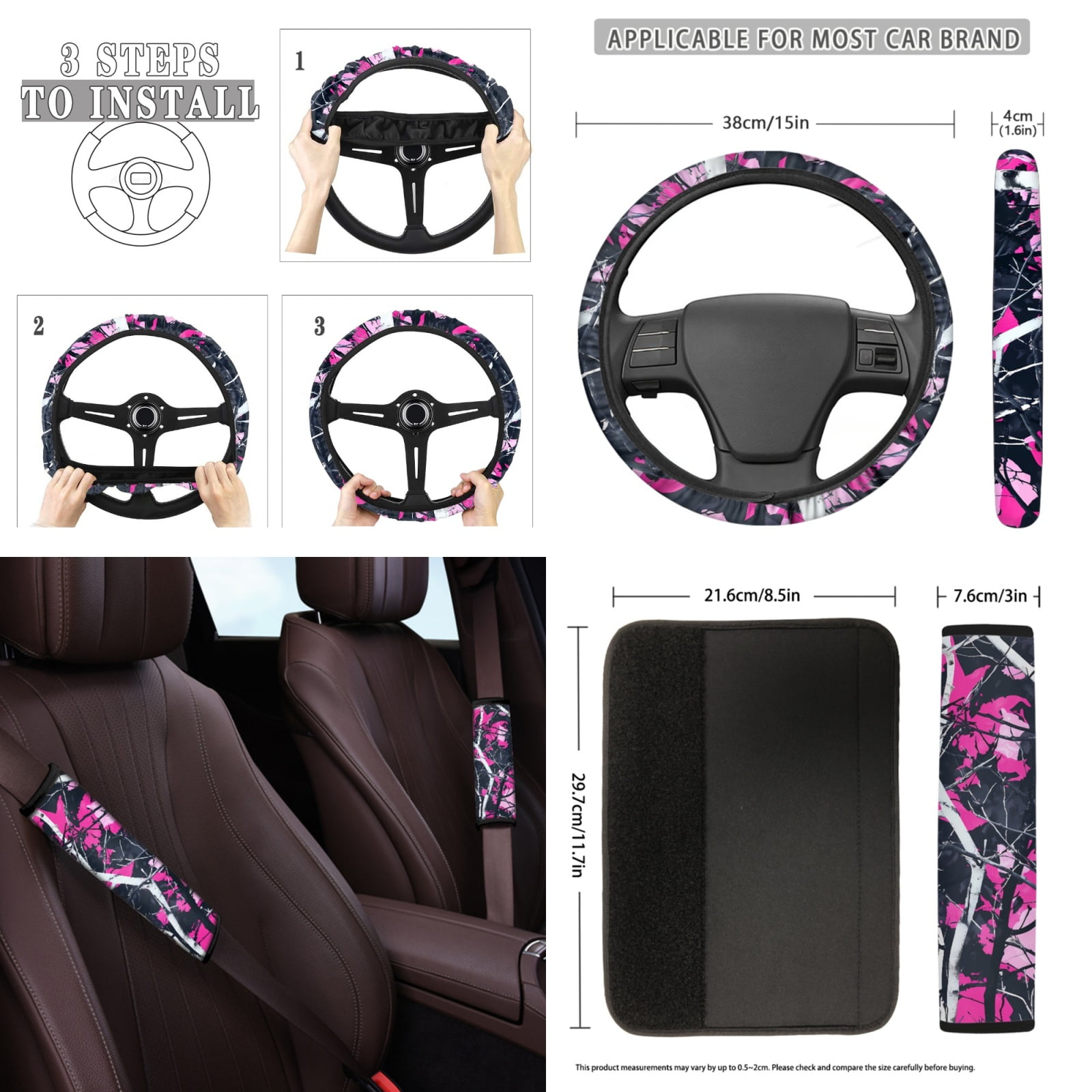 Yuyamidu Camo Hunting Car Seat Cover Set 12 PCS Pink Wood Steering Wheel Cover Seat Belt Pads Coasters Key Chain Lip Balm Holder Keychain Universal Fit