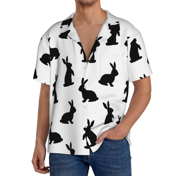 Fotbe Black Rabbit Camisa Estampada de Manga Corta para Hombre, Casual de Verano, Estilo Playero, Sin Arrugas-XX-Large