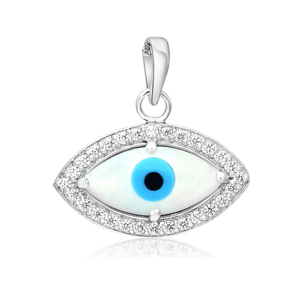 Femme Jam 925 Sterling Silver Mother of Pearl & Cubic Zirconia Evil Eye Pendant for Women