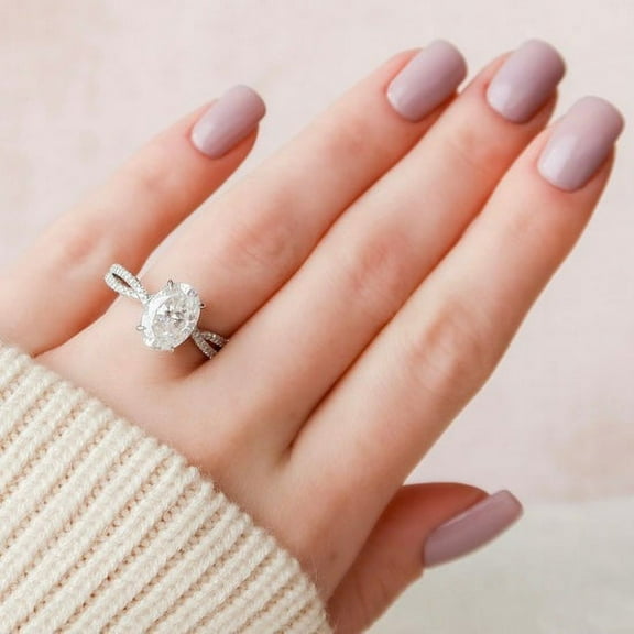 SOLITAIRE JEWELS 3.0Ct Oval Hidden Halo Moissanite Split Shank Diamond Engagemenmt Ring 10K White Gold