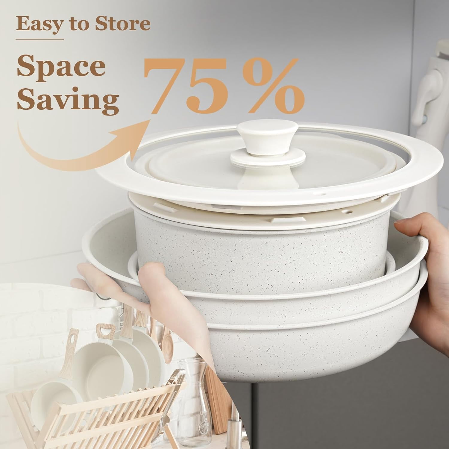 Soday 15Pcs Pots and Pans Set Removable Handle, Nonstick Cookware Set, Induction Compatible, White
