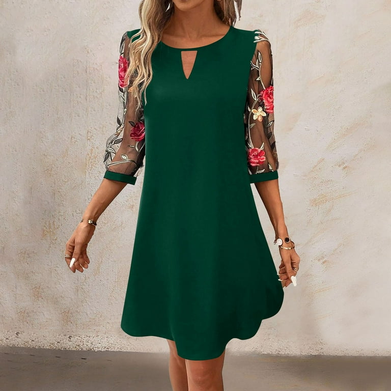 Drses Womens Boho Summer Dresses Midi Dress With 3/4 Sleeve Floral Embroidery Casual Knee-Length A-Line Dresses Athletic Dress For Women