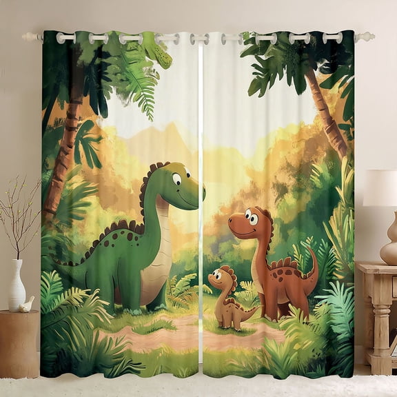 Feelyou Kawaii Family Dino Black Out Curtains for Kids, Sunshine Wildlife Curtains Pack of 2 (42x63 Each), Green Orange