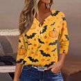 thumbnail image 2 of Camiseta de mujer con estampado de Halloween, botones, manga 3/4, estilo diario, fin de semana, moda básica, escote en V, top regular, 2 of 5