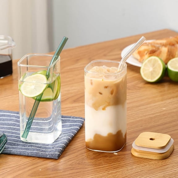 Glass Cup With Transparent Lid And Straw,12 Oz Iced Coffee Cup,Glass Smoothie Drinking Cups Set, Reusable Transparent Glasses Cups Suitable For Cocktails,Beer,Coffee Home Decor