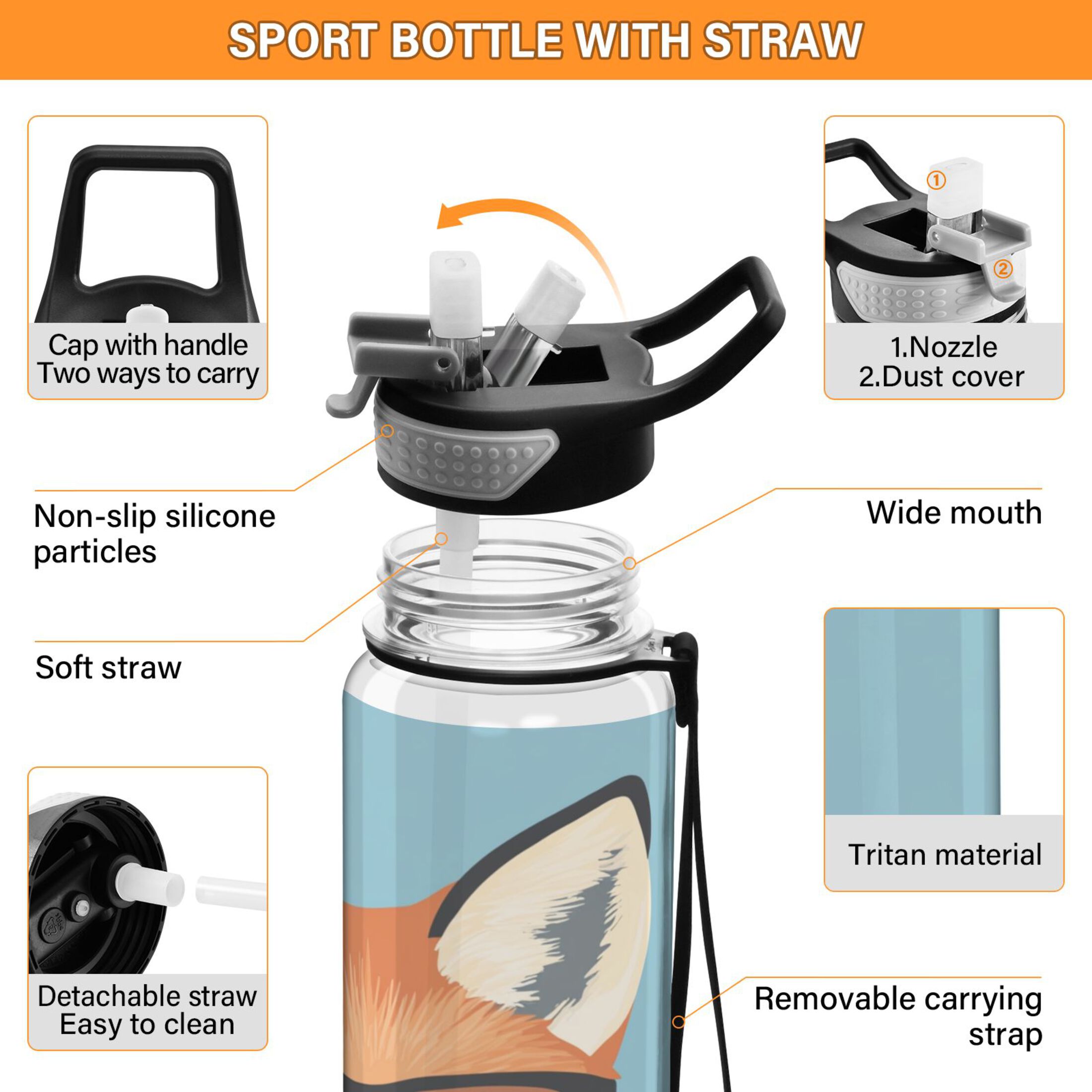 Sports Water Bottle 1000ML Tritan Food Grade Clear Water Bottle Fitness Outdoor Sports Bike Cute Fox with Glasses