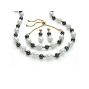 Simulated White and Grey Pearl Gold Tone 3-Piece Drop Earring, Bolo Necklace and Bolo Bracelet Set Adjustable 18"-24"