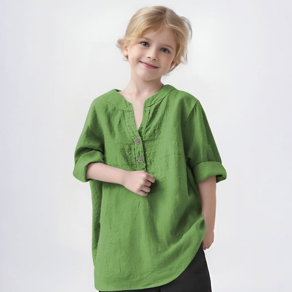 UQJfacai Girls Linen Shirts Oversized Roll Up Long Sleeve Henley Blouses Summer Beach Casual Button V Neck Cotton Tops 3-12 Years
