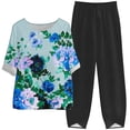 thumbnail image 2 of DDAPJ pyju Womens Cotton Linen 2 Piece Outfits Dressy Floral Print Half Sleeve Blouse Tops with Elastic Waist Capri Pants Suits Plus Size Lounge Matching Set Blue M, 2 of 6