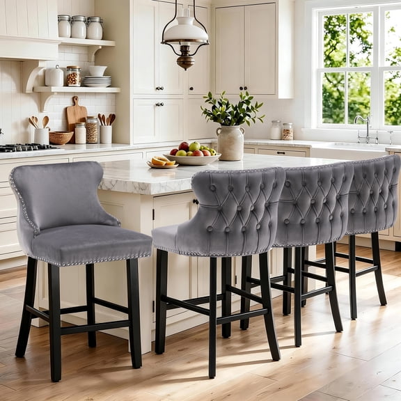 Bar Stool Set of 4, 26" Counter Height Bar Stools with Back, LEGAHOME Velvet Upholstered Gray Bar Stool with Button Tufted & Wooden Legs, Bar Stools Chair for 35-39" Kitchen Island Counter