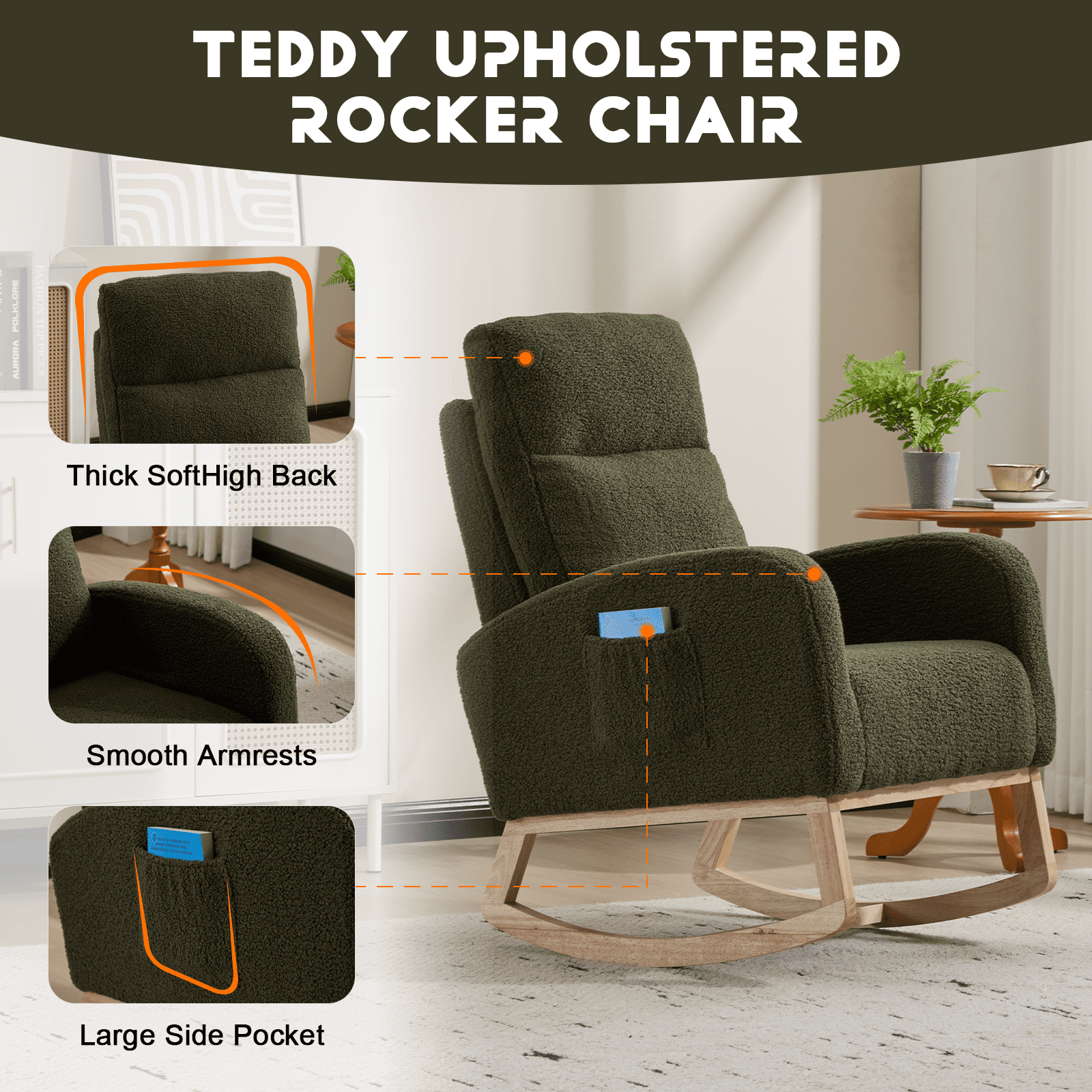FFZ Modern Accent Rocking Chair Solid Wood Legs Upholstered Nursery Glider Armchair Side Pocket Green