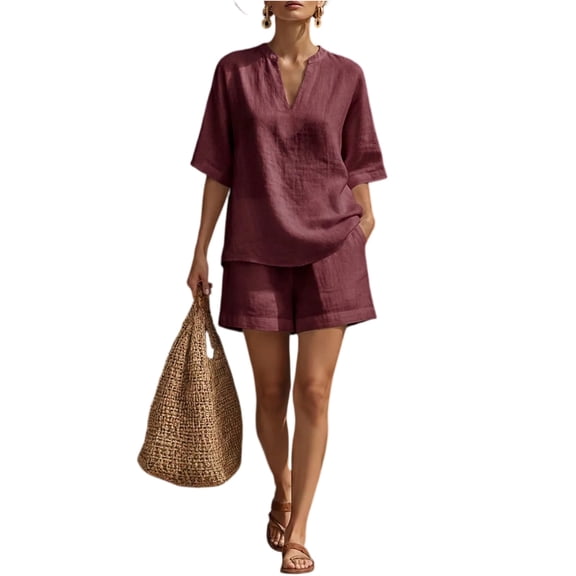 Lumtrix Short Sets For Women Short Sleeve V Neck Tops And Wide Leg Shorts Linen Set Summer Dressy Casual Matching Outfits Wine 2XL