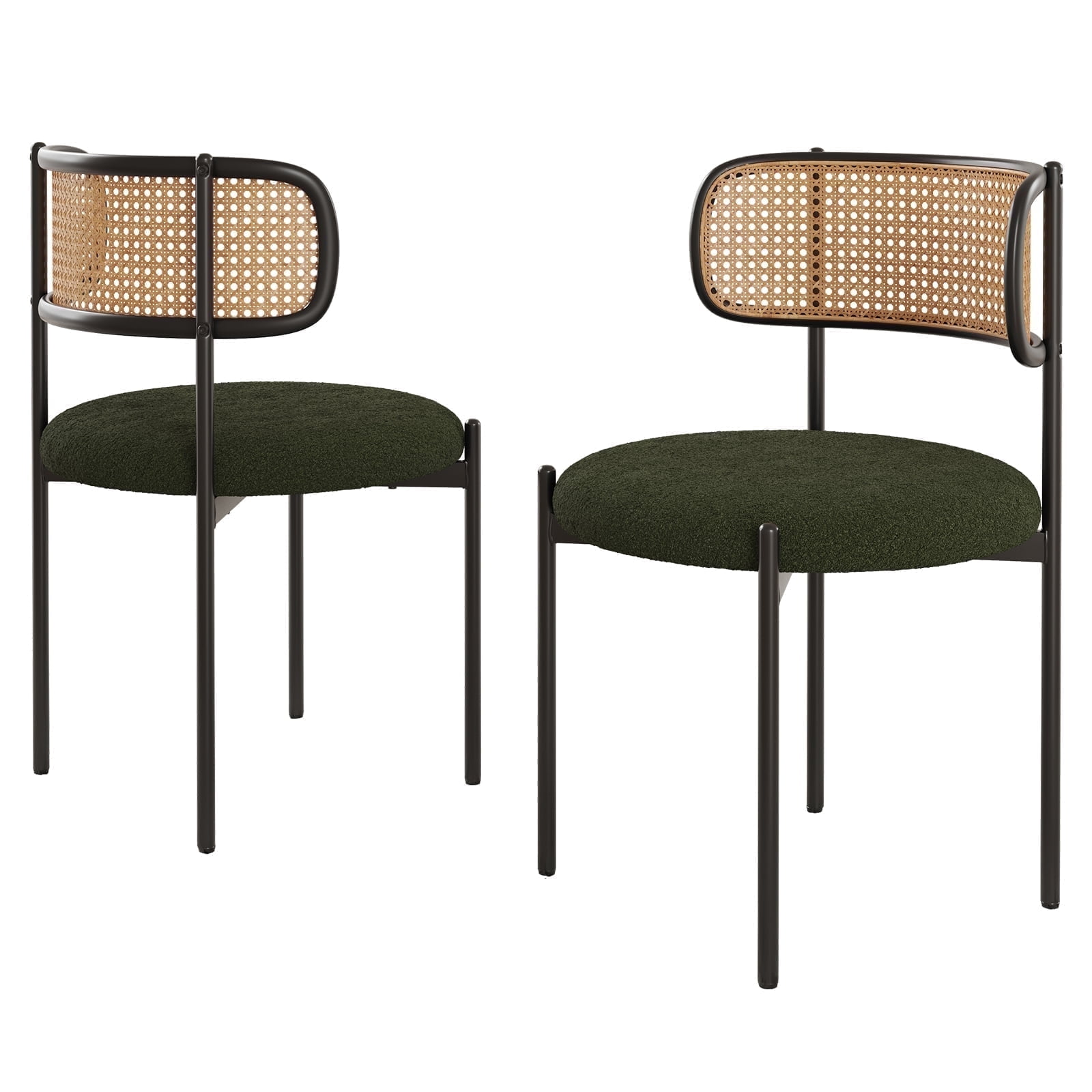 Farini Upholstered Dining Chair Set of 2, Rattan Backrest Kitchen Chair, Green