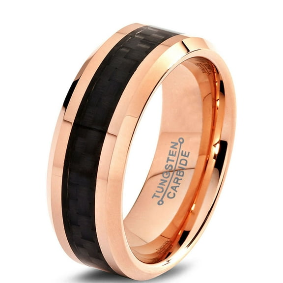Charming Jewelers Tungsten Wedding Band Ring 8mm for Men Women Comfort Fit 18K Rose Gold Plated Plated Black Carbon Fiber Beveled Edge Polished Lifetime Guarantee