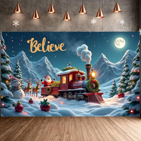 Snowy Theme Christmas Banner Golden Lettering Believe Banner Colorful Decor Santa Claus Pattern Holiday Banner for Christmas Party Home Decoration Holiday Celebration