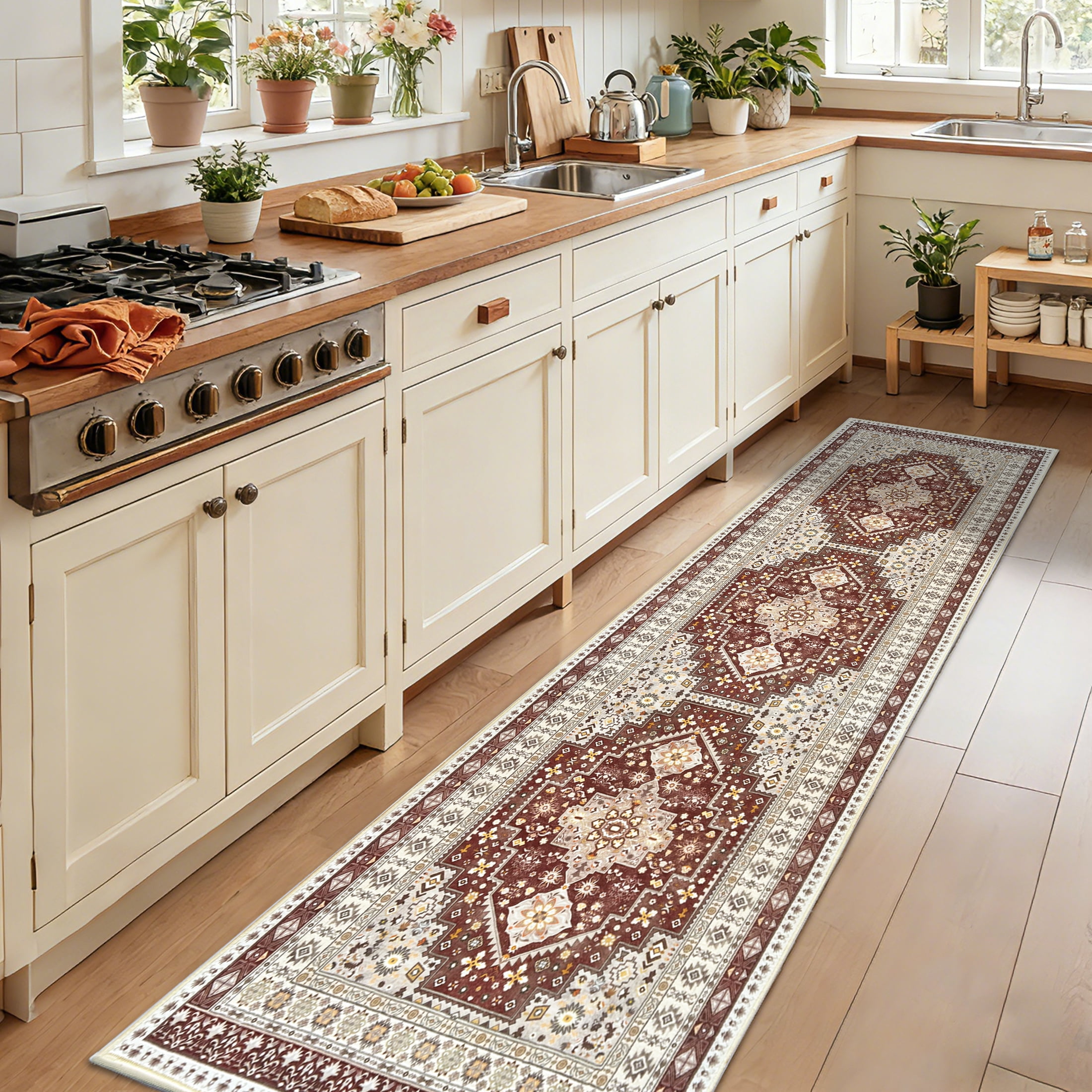 ARJINCUTE Vintage Distressed Bohemian Brown Runner Rugs, 2' x 8' Non-Slip Washable Low Pile Fold-able Floor Mat for Hallway, Kitchen, Entryway, Laundry Room