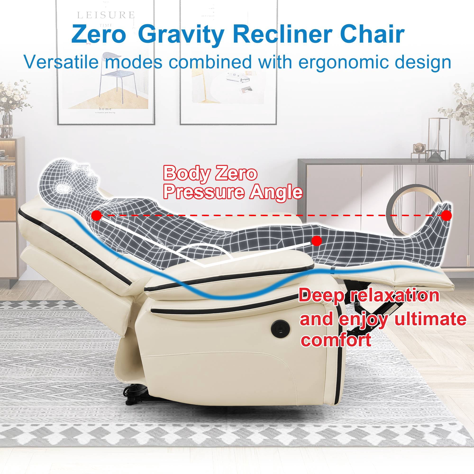 Power Leather Recliner Chair with LED Light for Living Room Recline Home Theater Seat with USB Port , White