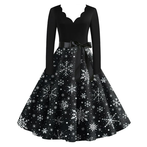 Women's Fashion Elegant Autumn and Winter Long Sleeve V-Neck Christmas Print Dress in Wine Red XL for Holiday Parties and Casual Wear, Stylish Women's Seasonal Dress,Bronze,2XL