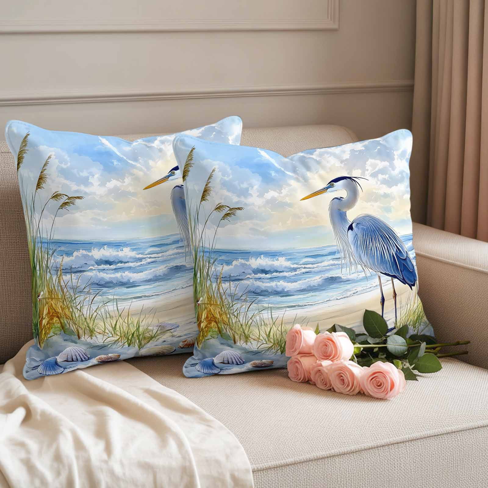 Pack of 2 Outdoor Pillow Covers 20x20 Inch Waterproof Coastal Birds Throw Pillow Covers,Decorative Couch Pillow Shams Protectors Blue Sky Heron Seabird Tropical Beach Patio Pillowcases Cushion Covers