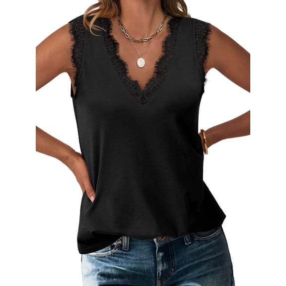 ANRABESS Womens Lace Trim Tank Tops V Neck Sleeveless Shirts 2026 Summer Casual Trendy Dressy Cami Top Black Large