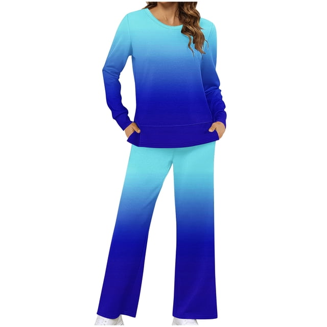 Hvobtty Ensemble Décontracté pour Femmes Manches Longues Col Rond, Mode Féminine Impression Non Positionnée Col Rond Manches Longues Pantalon Fendu sur le Côté