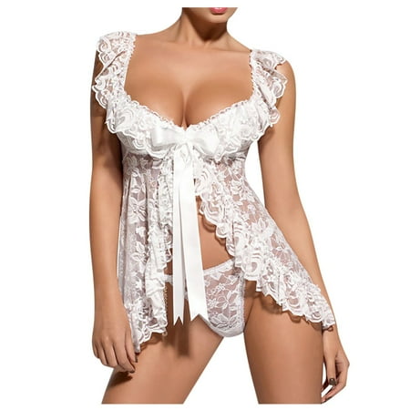 

RPVATI Womens Sexy V Neck Lingerie Babydoll Front Closure Lace Nightgown
