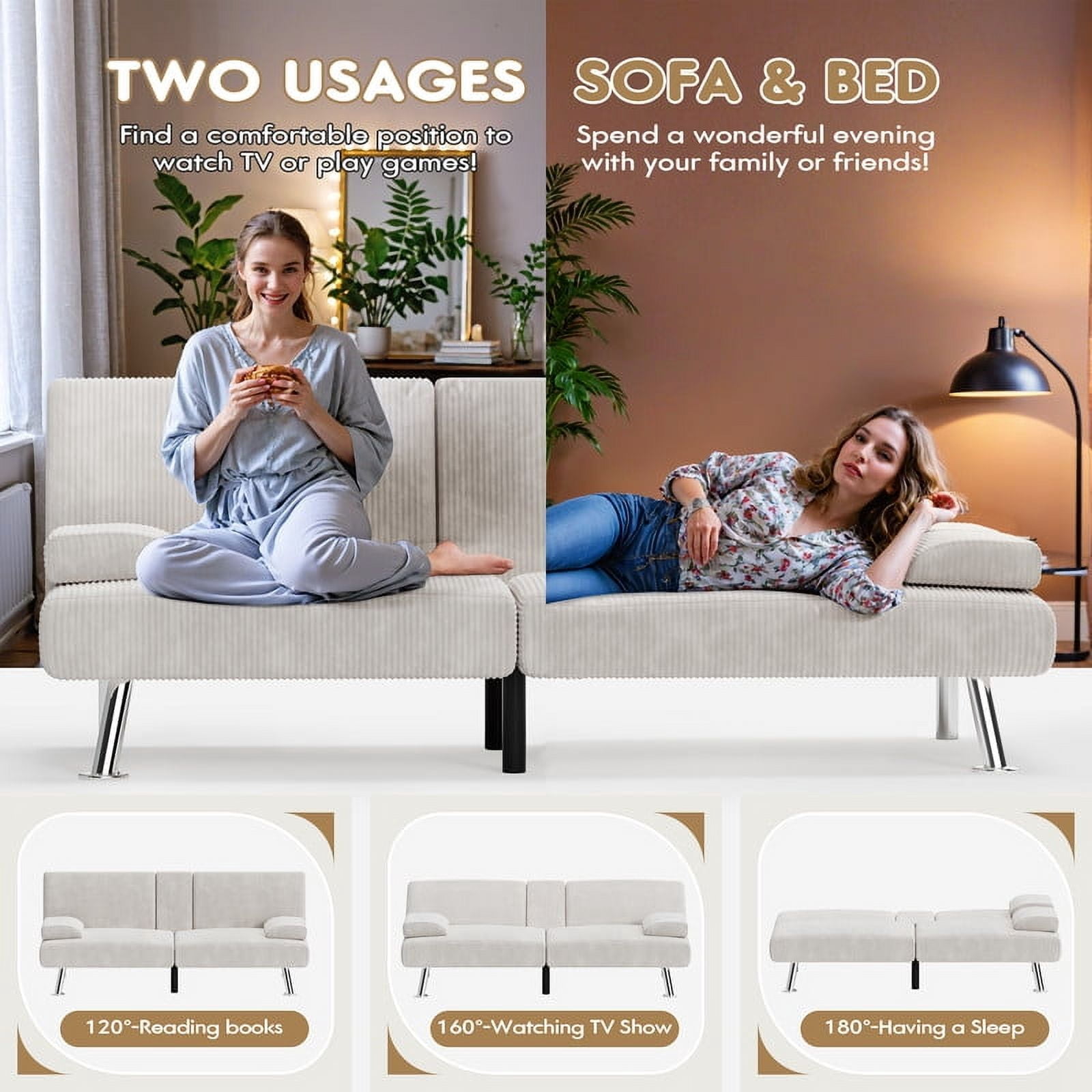 Vineego Convertible Corduroy Futon Sofa Bed with Removable Armrests,Beige