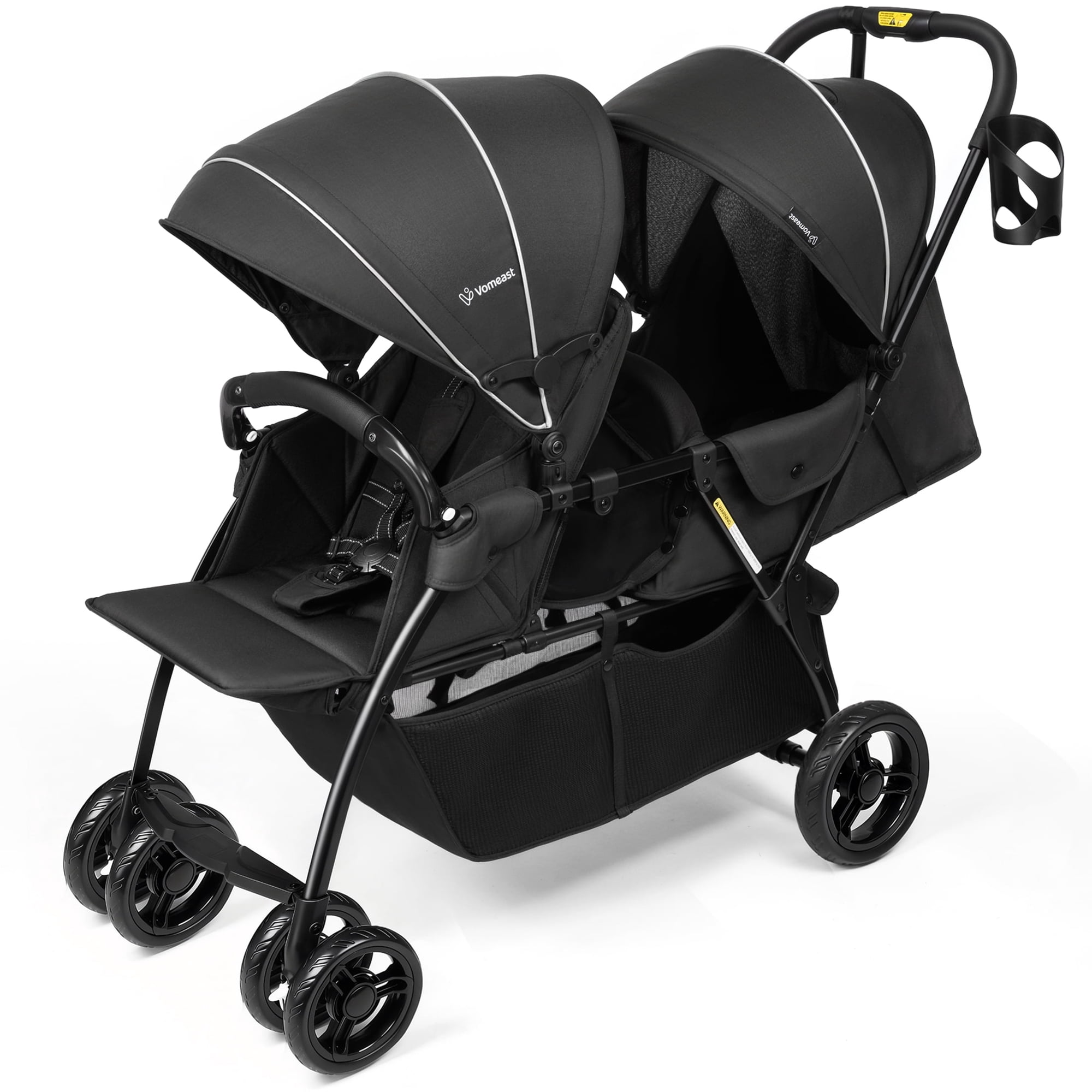 Vomeast Double Stroller for Twins, Foldable Lightweight Travel Stroller for Infant and Toddler, 5-Point Harness, Adjustable Canopy & Reclining Seat, Black