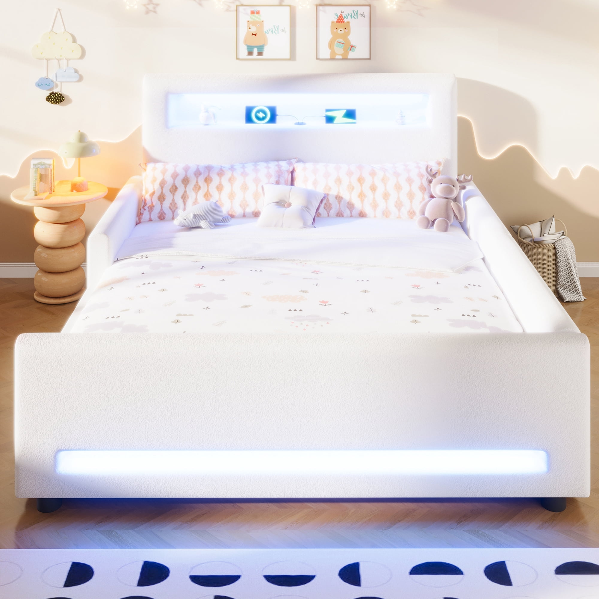 Euroco Upholstered Full Size Platform Bed with LED Light and USB Ports, 2 Drawers, White