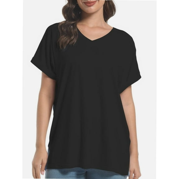 Women's Summer Casual V-Neck Short Sleeve Loose Blouse Fit Soft Tshirts