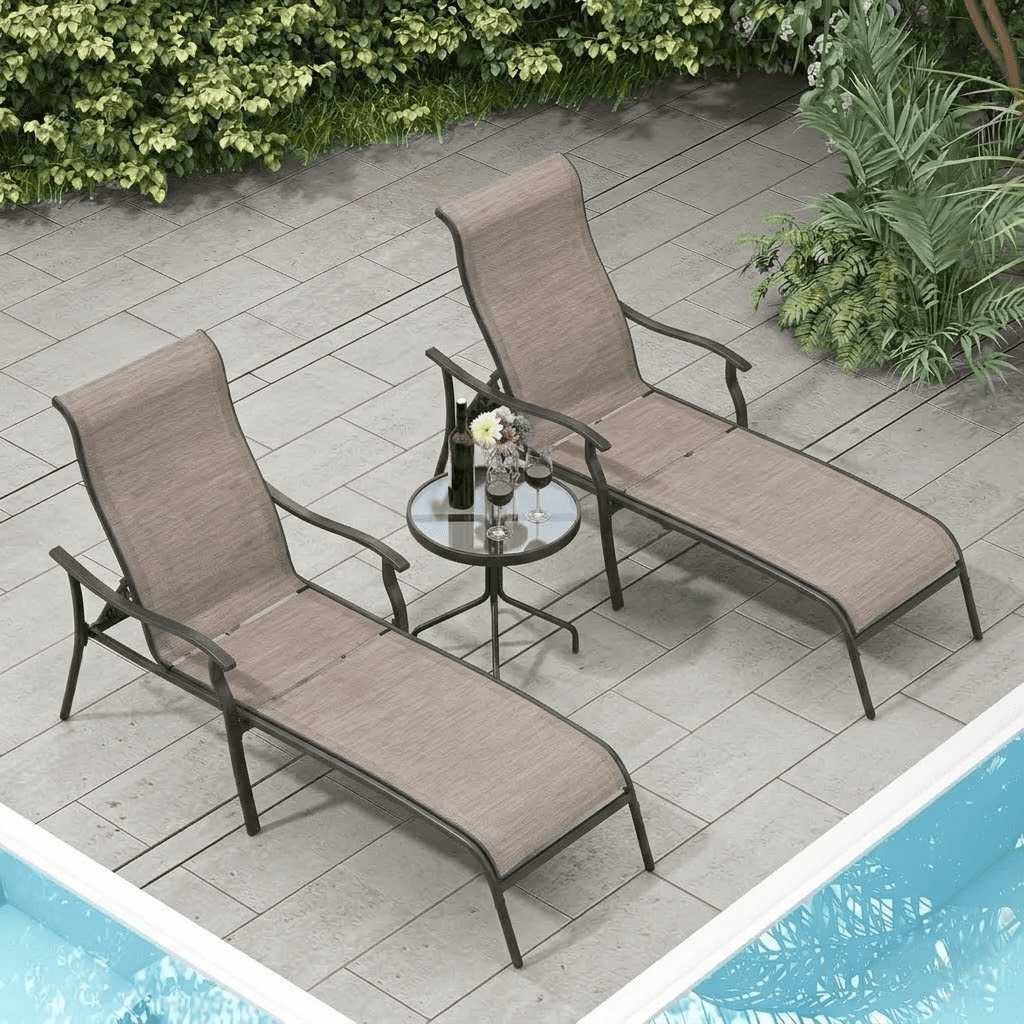 Howcool Patio Chaise Lounge 3 Pieces,Patio Lounge Chair with Glass Coffee Table,Pool Lounge Chair with Breathable Textilene Fabric for Patio Backyard Poolside (Brown)