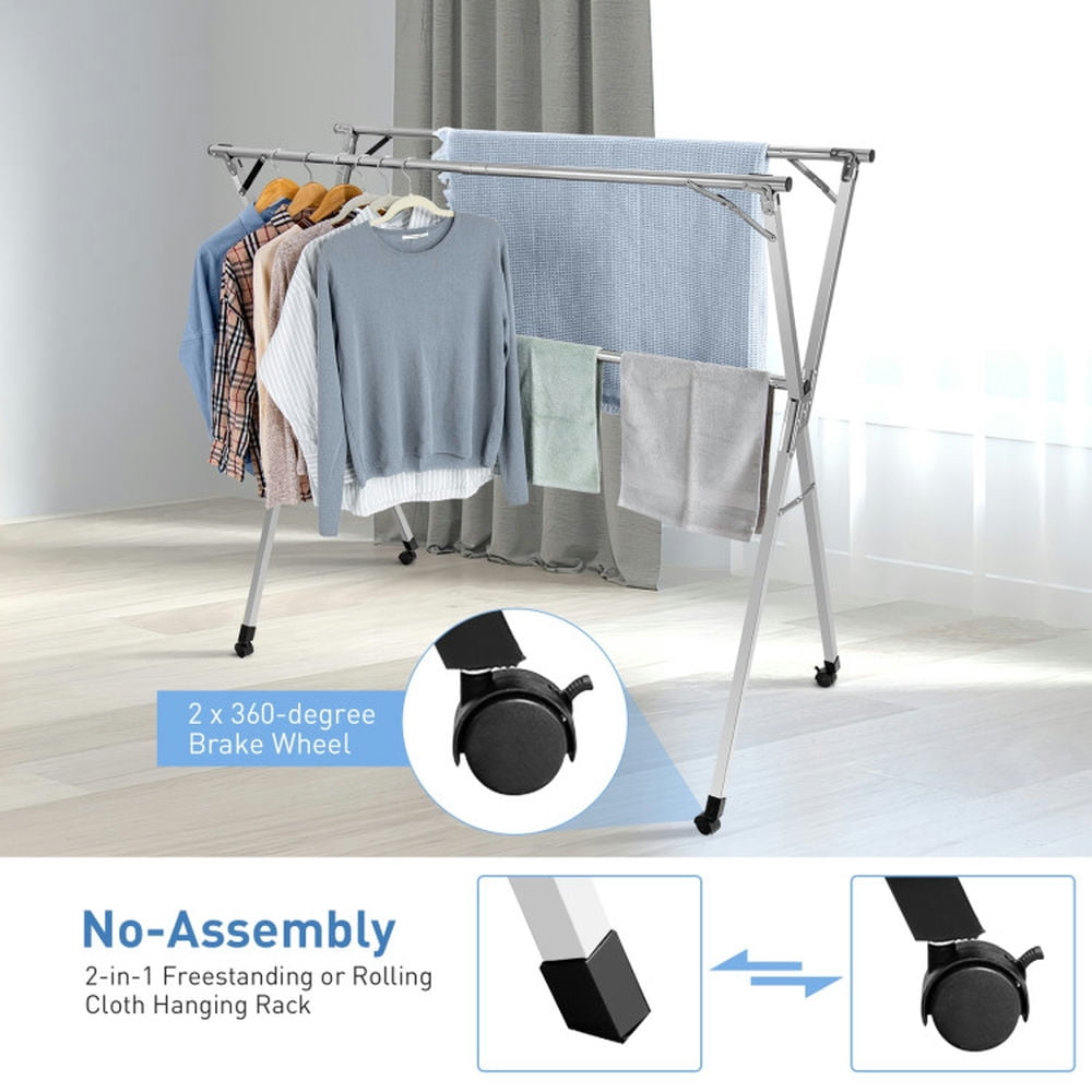 Finihen Drying Rack, Clothes Drying Rack, Foldable Steel Clothes Drying Rack with 4 Universal Wheels for Laundry, for Indoor, Outdoor, Silver Finihen Drying Rack, Clothes Drying Rack, Foldable Steel Clothes Drying Rack with 4 Universal Wheels for Laundry, for Indoor, Outdoor, Silver