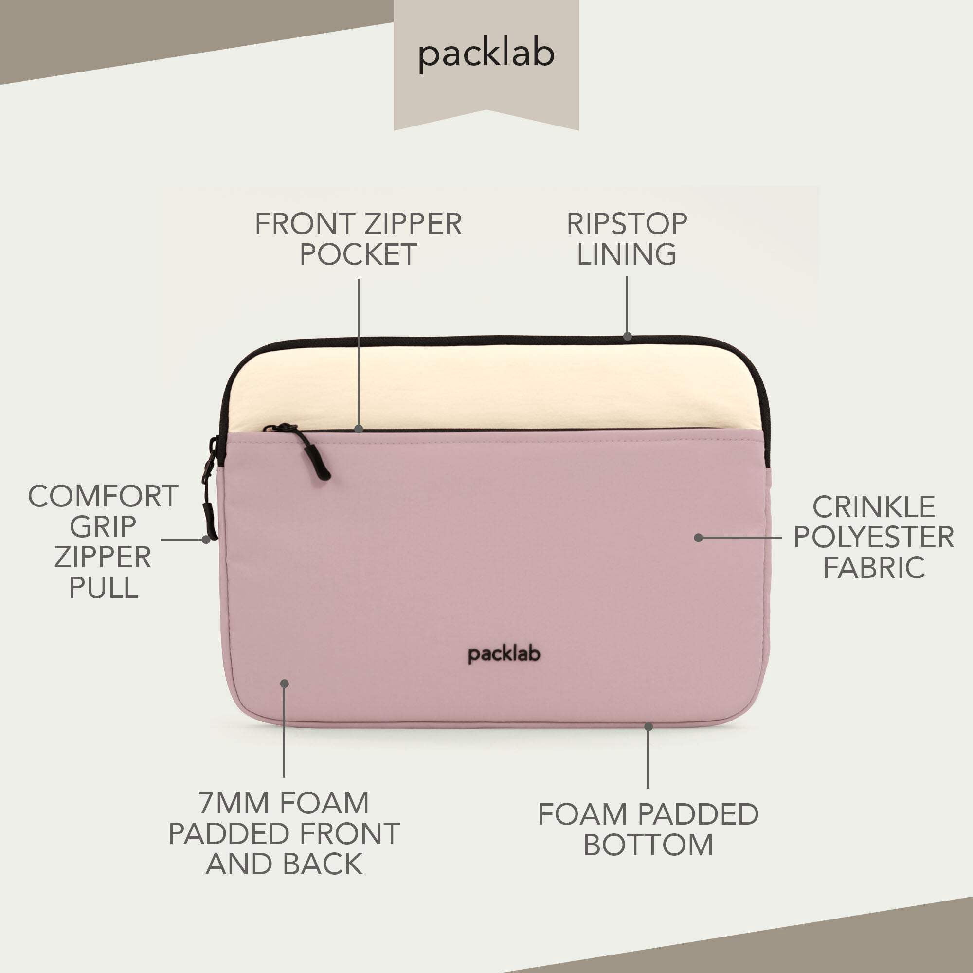 packlab Cream and Pink Laptop Sleeve with Pocket – Slim Padded 14 Inch Computer Case for School, Work, and Travel Use