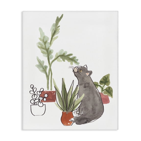 Stupell Industries Eclectic Curious Grey Cat Indoor Pet House Plant Scene Canvas Art, 16 x 20, by June Erica Vess