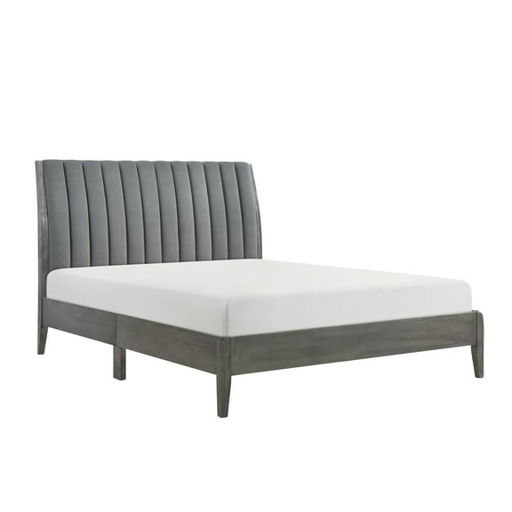 Bed Frame Modern Style Queen Platform Bed 1pc Velvet Upholstered Headboard Gray Finish Solid Wood Legs Bedroom Furniture Bed in a Box
