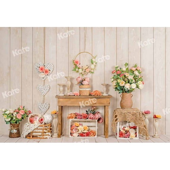 Kate 6.5x6.5ft Spring Floral Backdrops for Photography Rustic Wood Wall Wedding Bridal Party Background Photo Fabric Studio Props