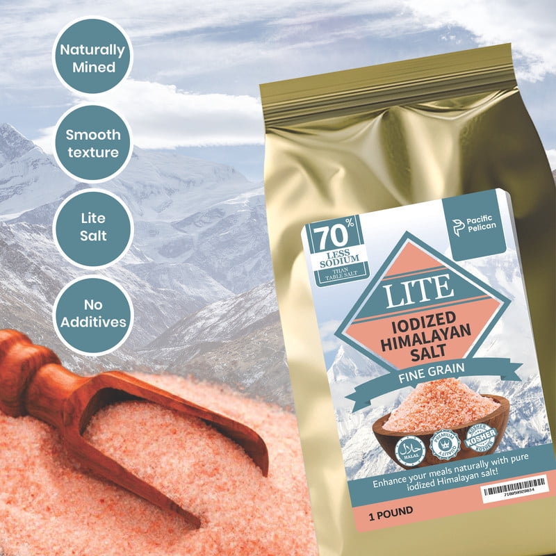 Pacific Pelican Iodized Lite Himalayan Pink Salt | 70% Less Sodium | Fine Grain, Unrefined, Pure Rock Salt, 100% Natural & Organic for Cooking, Seasoning & Wellness - Pack of 2