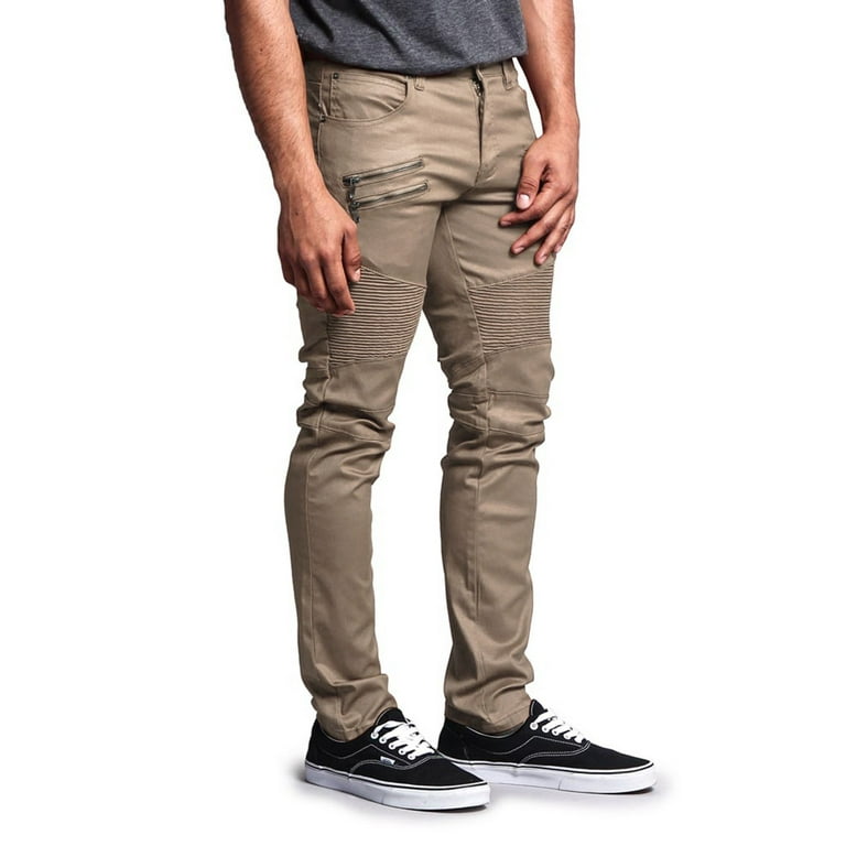 Victorious Men's Coated Slim Fit Moto Pants Biker Jeans - Khaki - 36/30