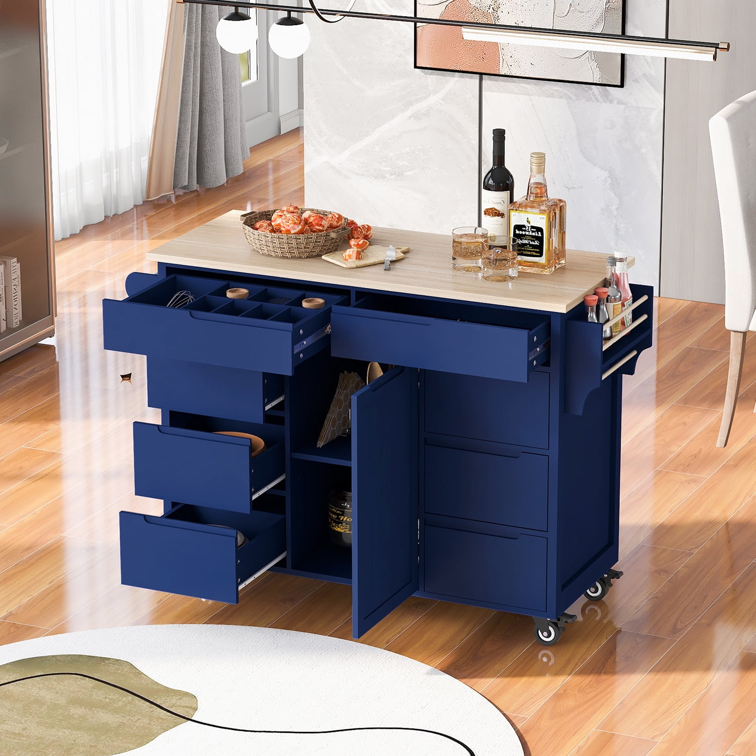Kepooman 53.15 Inch Width Indoor Modern Rolling Kitchen Cart, Rubber Wood Kitchen Cart on Wheels with Spice Rack, Towel Rack-Grey Blue Kepooman 53.15 Inch Width Indoor Modern Rolling Kitchen Cart, Rubber Wood Kitchen Cart on Wheels with Spice Rack, Towel Rack-Grey Blue