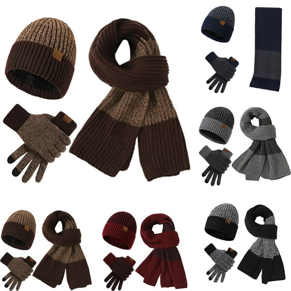 Lispipm Men's Winter Hat Scarf Gloves Set Fleece Lined Beenie and Touchscreen Gloves with Windproof Long Knit Scarf Warm 3pcs Set Black