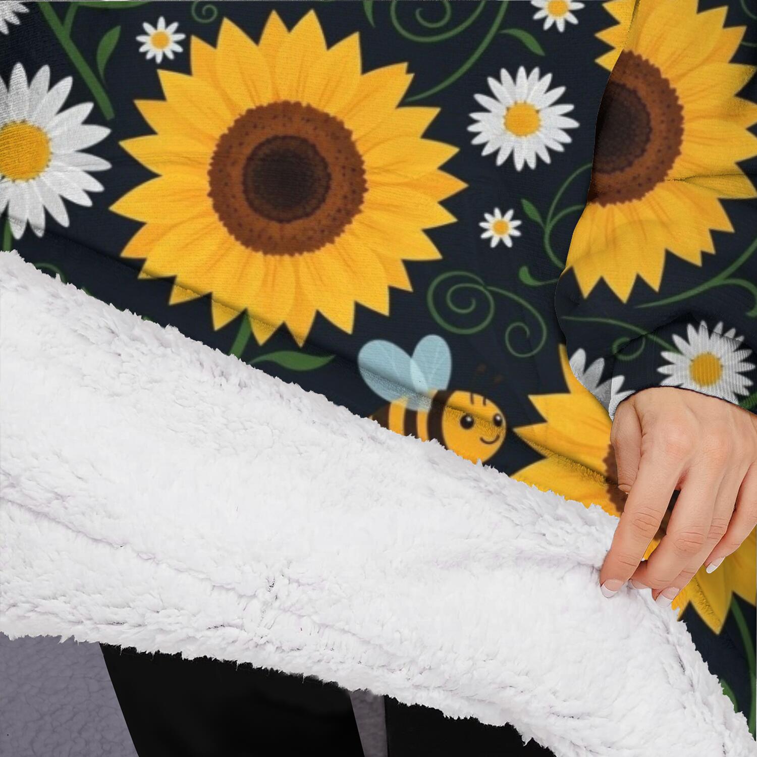 Oversized Wearable Blanket Hoodie,DarkBlue Sunflower Bee Pattern Sherpa Blanket Hoodie with Super Pockets,Super Warm Fuzzy Pullover for Women & Men