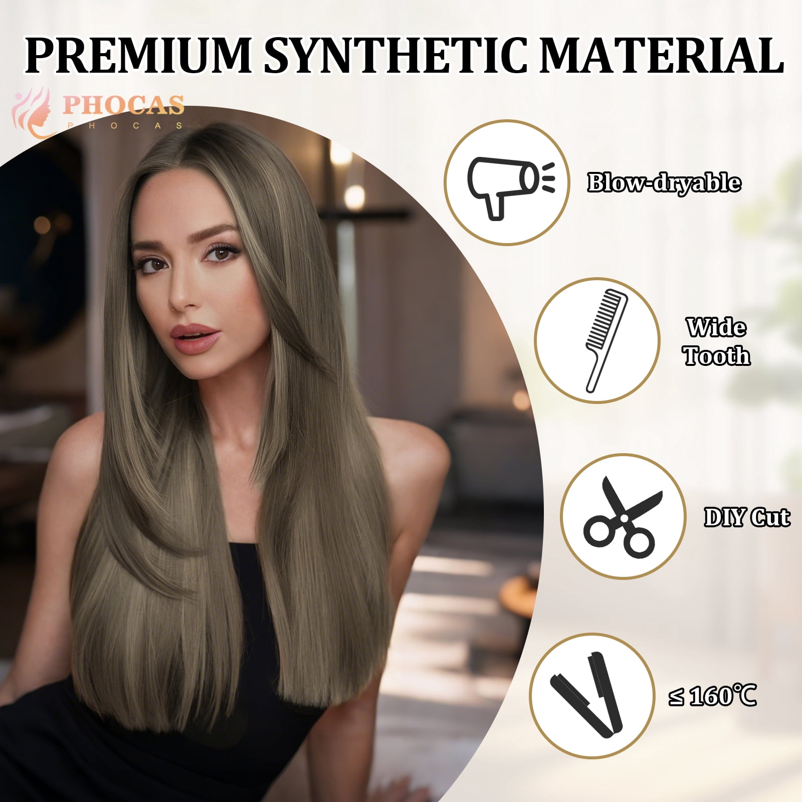 Phocas 23" Long Straight Brown Wig with Bangs Middle Part Layered Cool Light Brown Wig Wear and Go Heat-Resistant Natural Synthetic Wigs for Women Daily Party Use