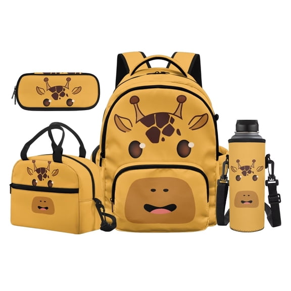 KUIFORTI Cute Giraffe School Bag and Lunch Bag Set 4 piece Lightweight Girls Backpack with Pencil Case Water Bottle Sleeve for Elementary Primary Middle School Students