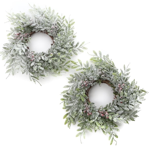 Factory Direct Craft Set of 2 Artificial Frosted Fern Christmas Candle Rings Faux Winter Greenery Holiday Candle Rings for Pillar Candles - Use as a Small Christmas Wreath Decoration Too!
