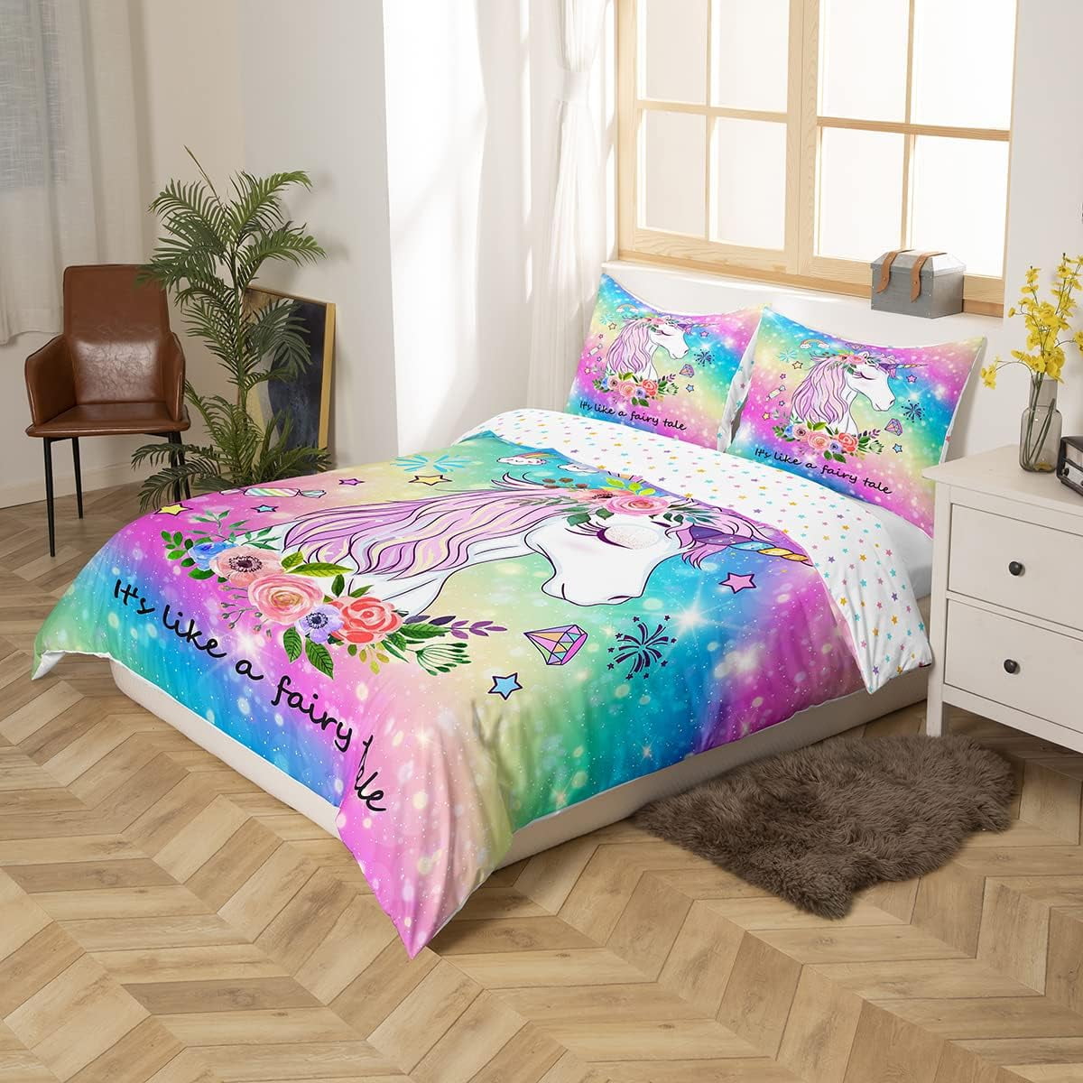 Unicorn Bedding Set Rainbow Galaxy Comforter Cover ,Cartoon Magical Animal Duvet Cover Cute Dreamy Horse Bed Sets Full,Glitter Stars Flowers Unicorn Bedroom (No Comforter)