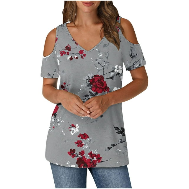 Algodón Fuera Del Hombro Tops para las Mujeres Blusas de Impresión de Manga Corta Cuello en V Top de Moda, Blusa de Verano Casual