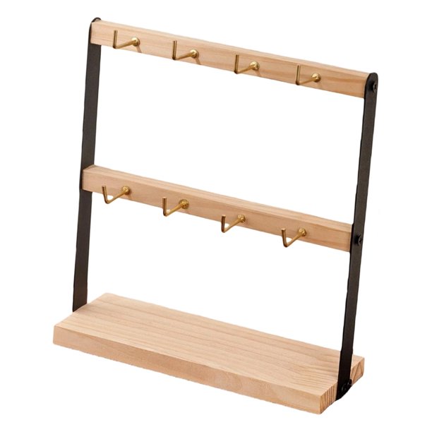 Soporte para pendientes y collares, organizador de joyería de madera multinivel 2 niveles 8 ganchos