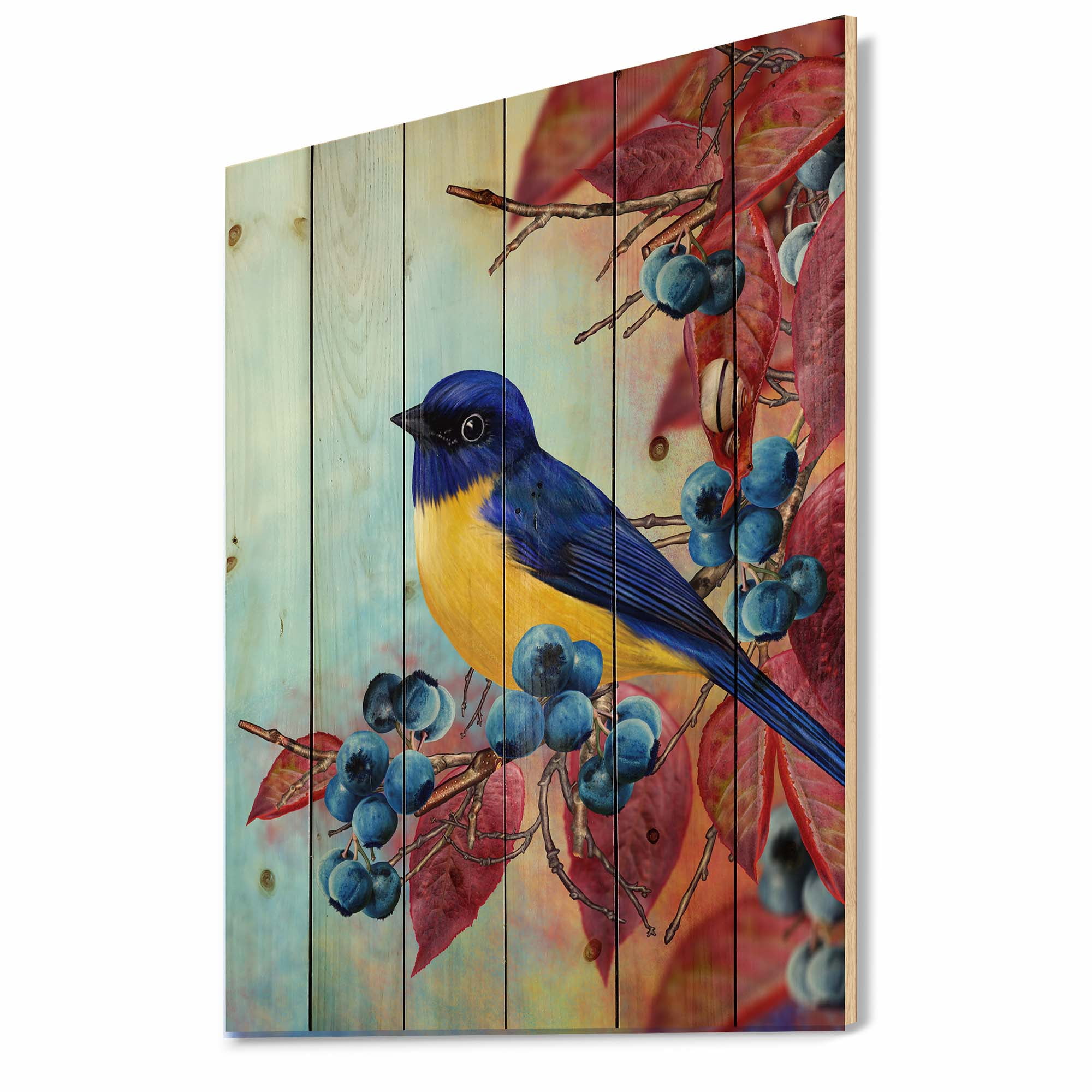 Designart 'Bright Bird Bullfinch Sitting On A Branch of Berries I' Traditional Print on Natural Pine Wood