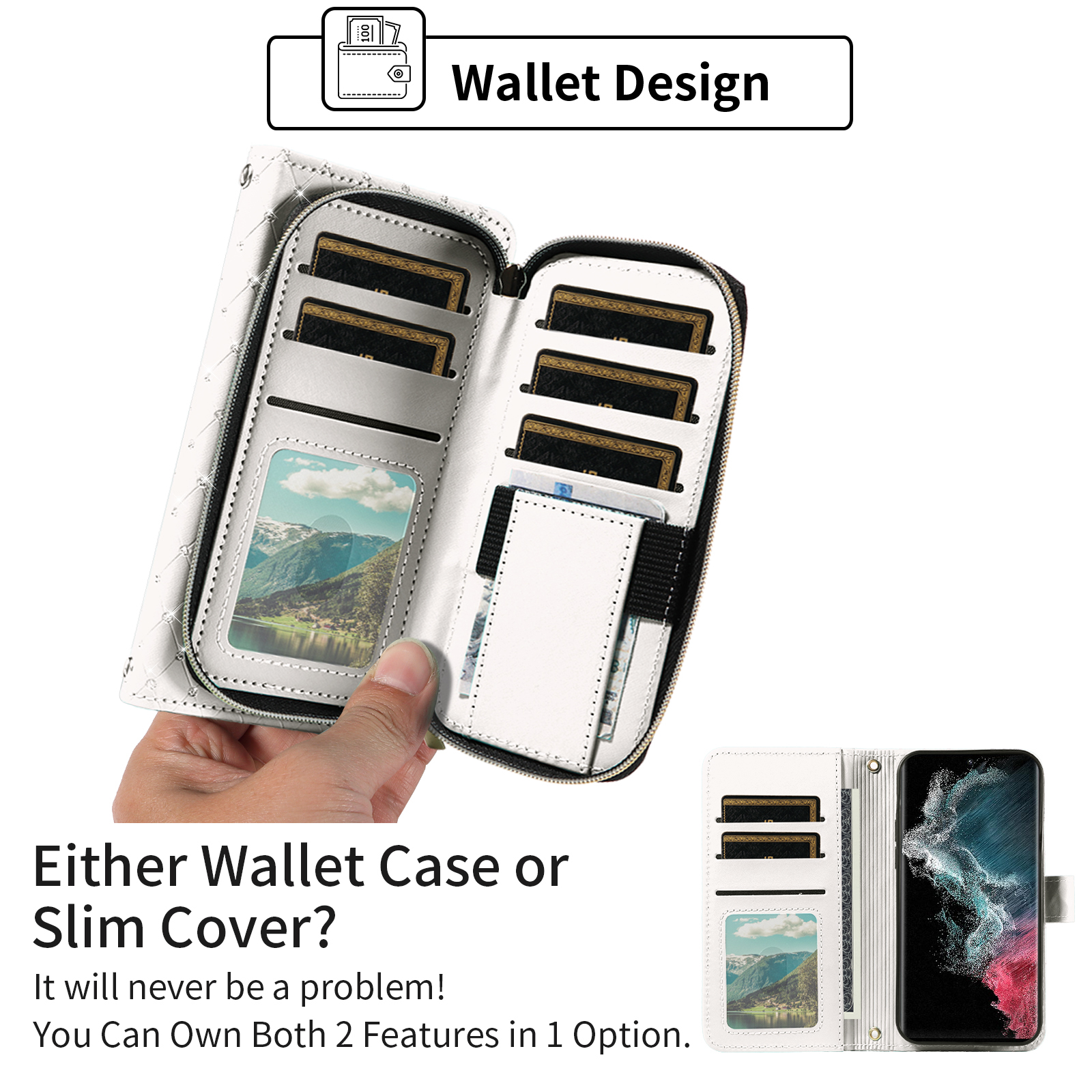 Compatible with Samsung Galaxy S22 Ultra 5G Wallet Phone Case Tempered Glass Screen Protector Bling Glitter Crossbody Lanyard Strap Flip Zipper Purse Card Holder Cell Cover for S22ultra Women White